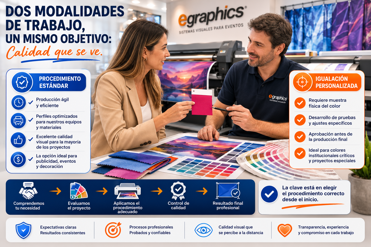 Comparación de muestra física y modalidades de procedimiento estándar e igualación personalizada en eGraphics